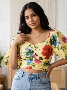 Express Yellow Floral Puff-Sleeve Cropped Top
